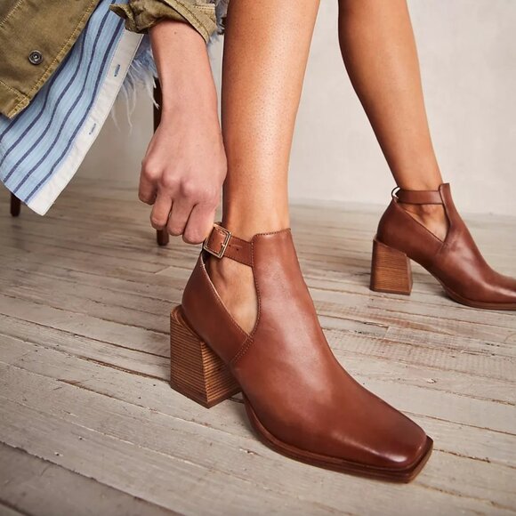 Free People Cognac Tan Brown Leather Block Heel Brady Buckle Cutout Ankle Boots - Picture 1 of 9